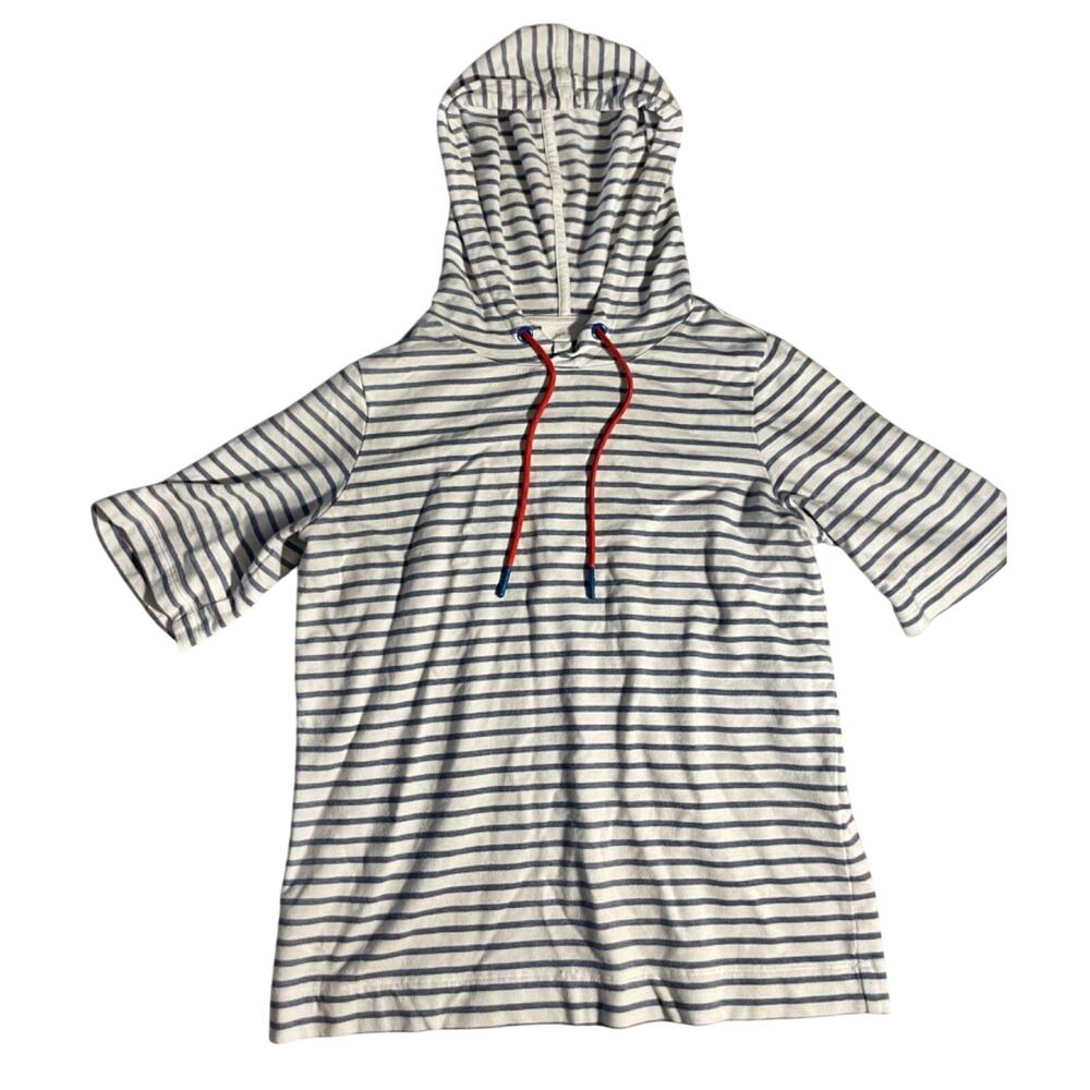 J Jill Short Sleeve Hoodie Sweater Striped Patriotic Comfort Cozy Top Size XS